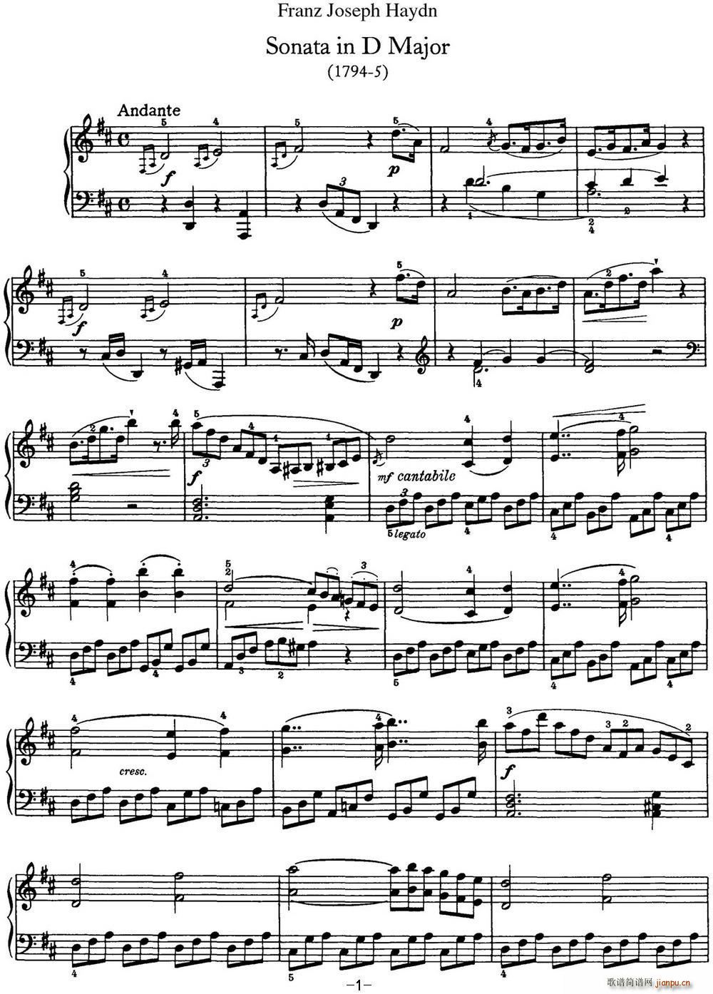 海顿 钢琴奏鸣曲 Hob XVI 51 in D major(钢琴谱)1