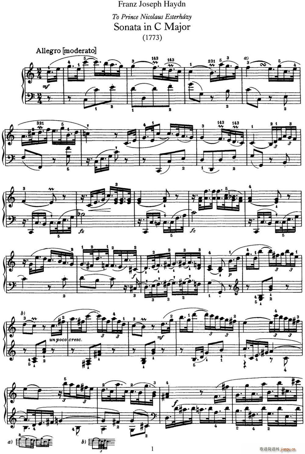 海顿 钢琴奏鸣曲 Hob XVI 21 in C major(钢琴谱)1