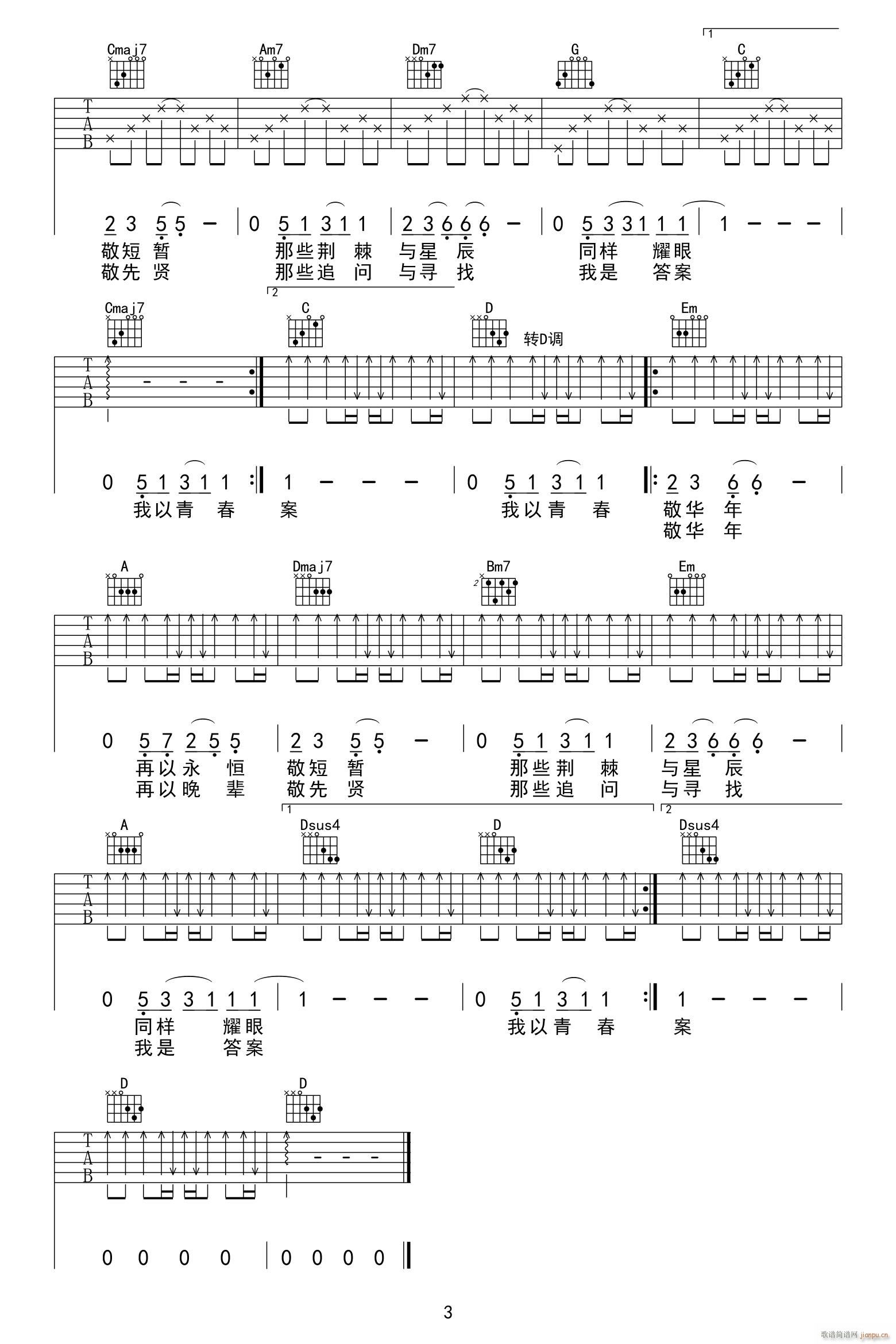 我以青春敬华年 C调指法编配(吉他谱)3