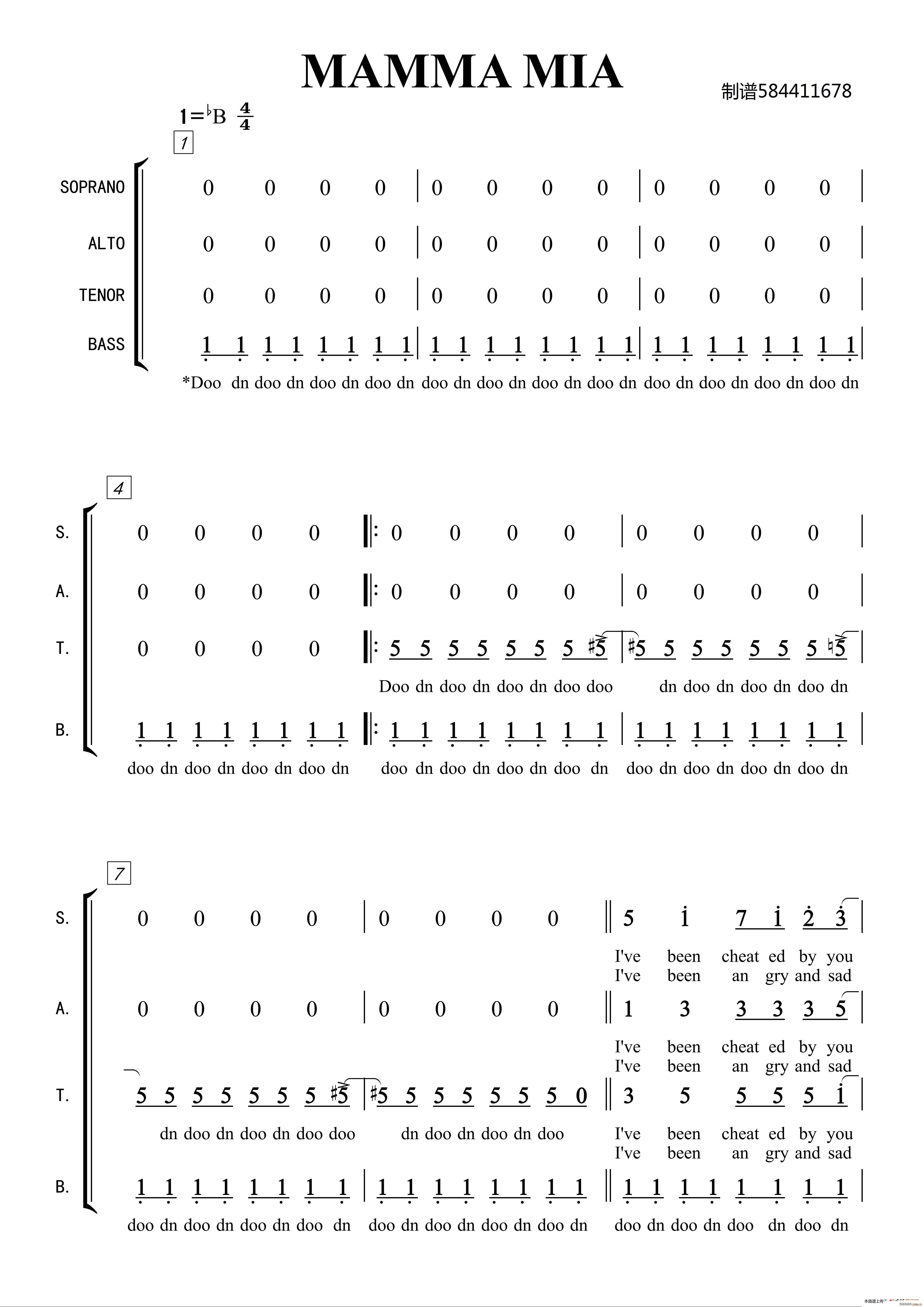 妈妈咪呀合唱 MAMMA MIA(合唱谱)1