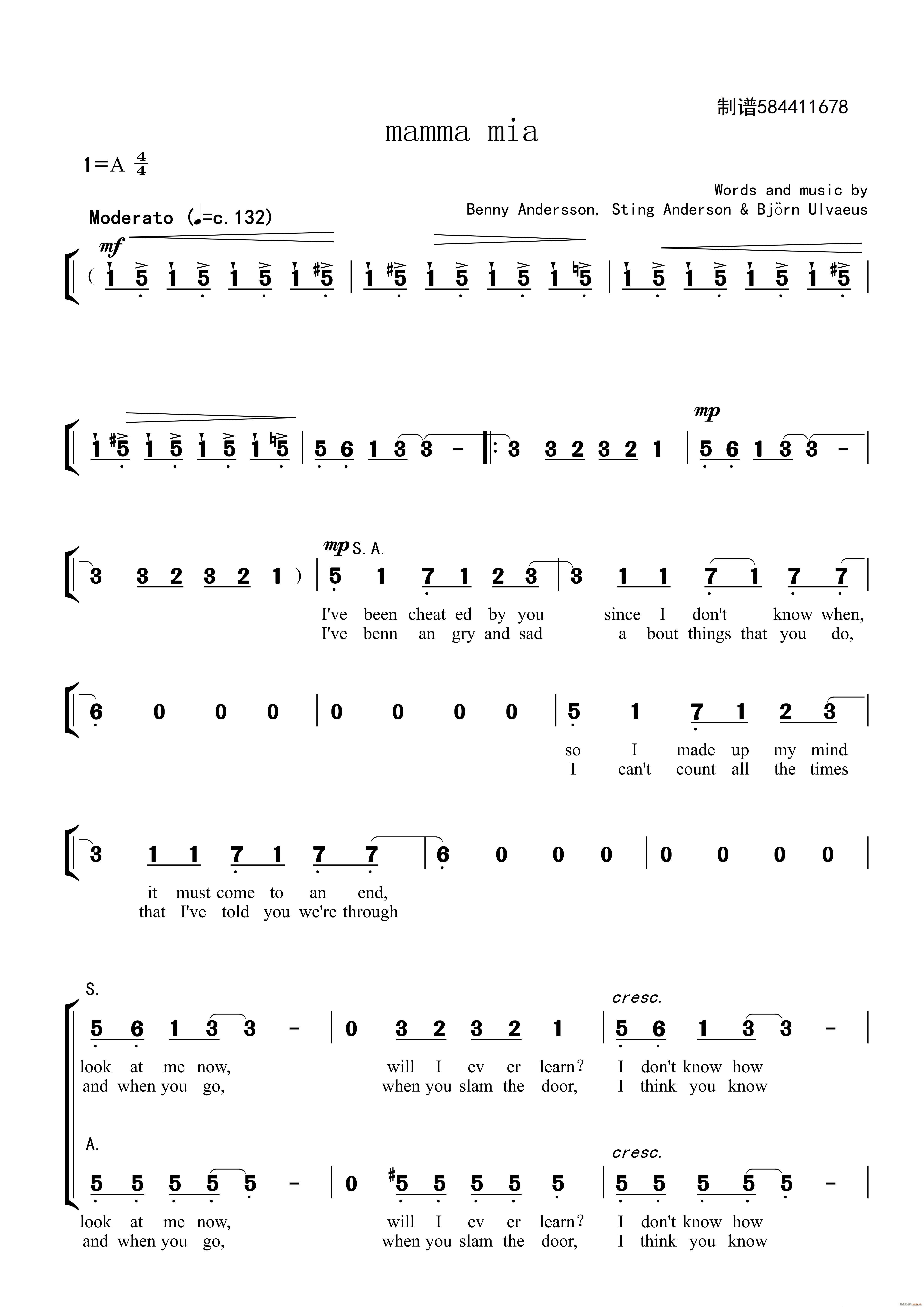 妈妈咪呀二部合唱(合唱谱)1
