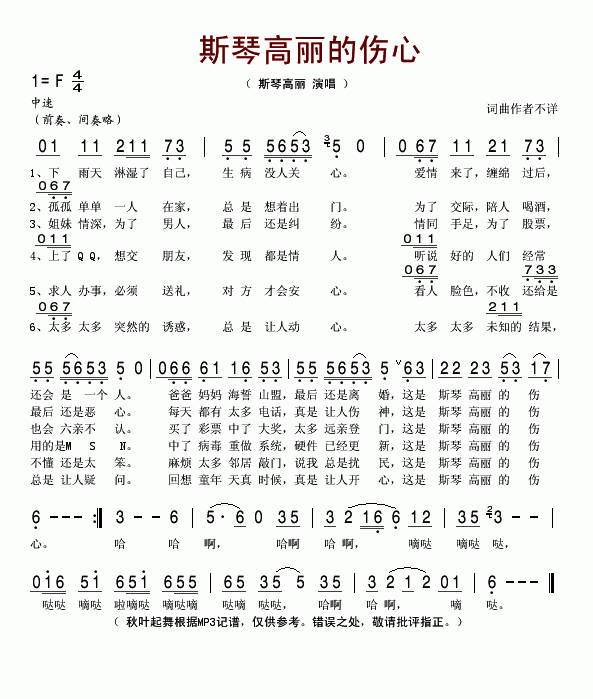 斯琴高丽的伤心(七字歌谱)1