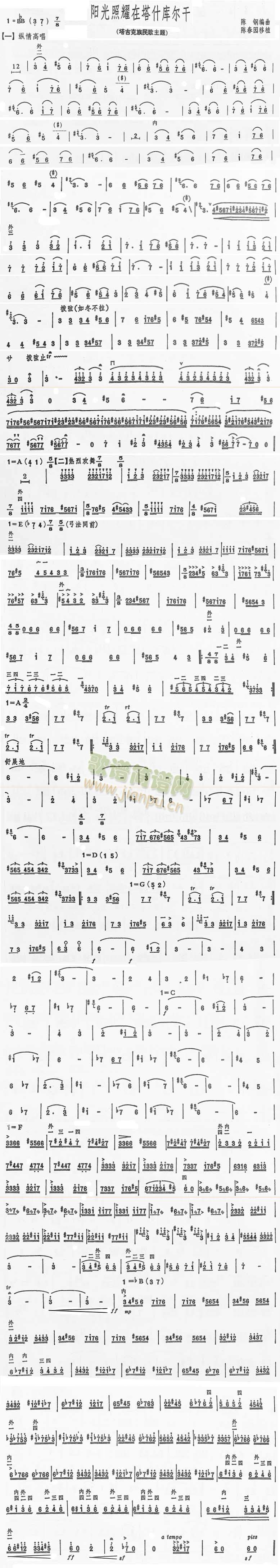 阳光照耀在塔什库尔干二胡曲谱(十字及以上)1