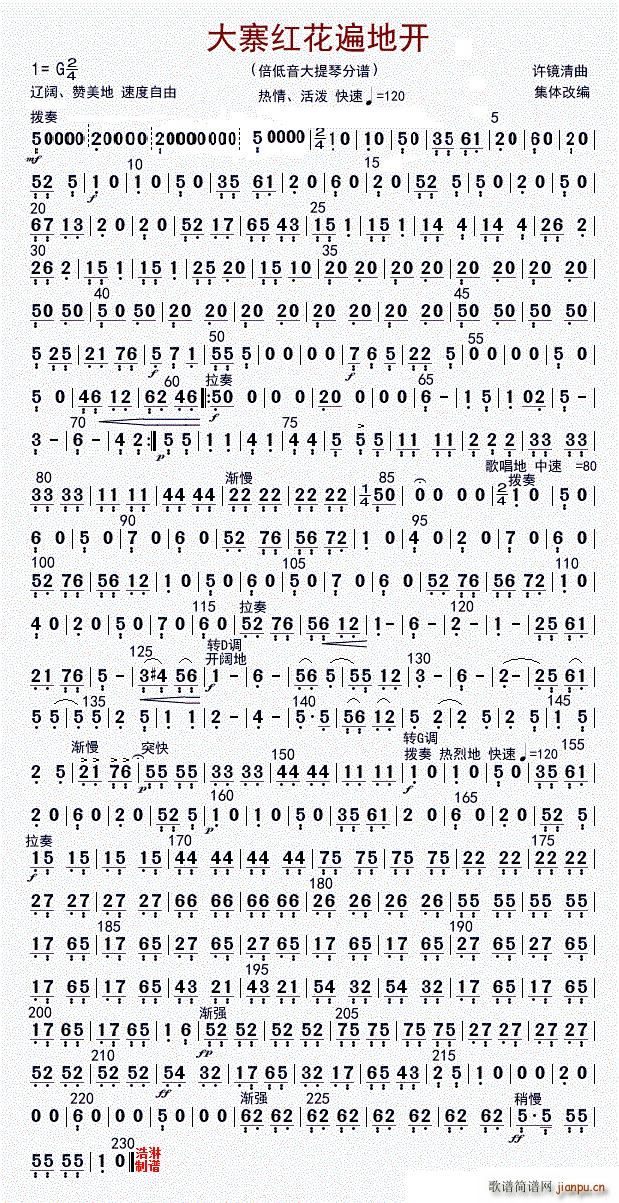 大寨红花遍地开 倍低音提琴 修改版(十字及以上)1