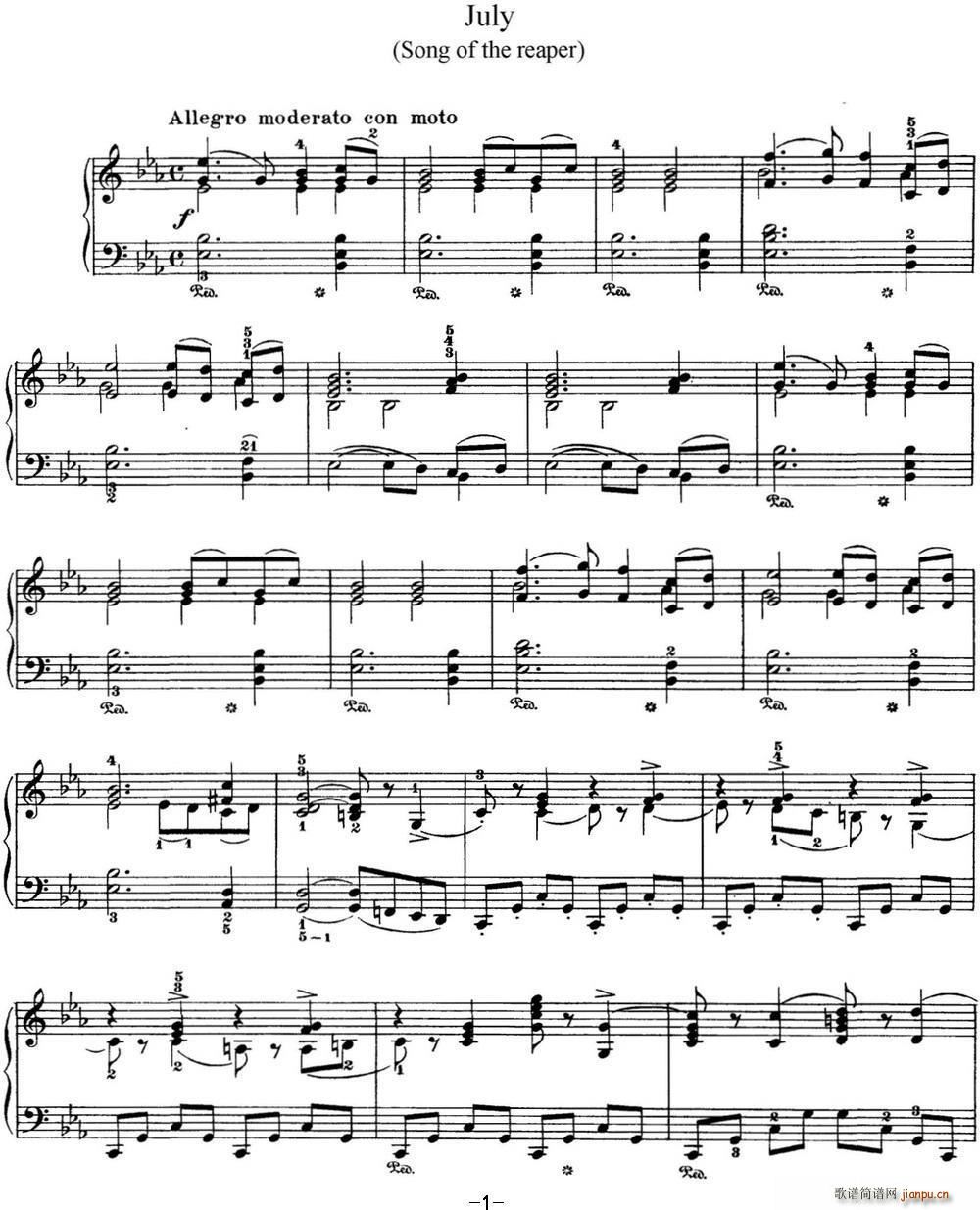 柴可夫斯基 四季 7月 割草人之歌 降E大调 Reapers Song E flat major(钢琴谱)1