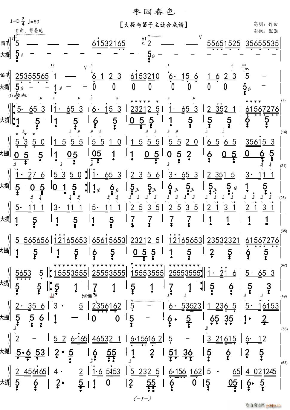 枣园春色 大提与笛子主旋合成谱(笛箫谱)1