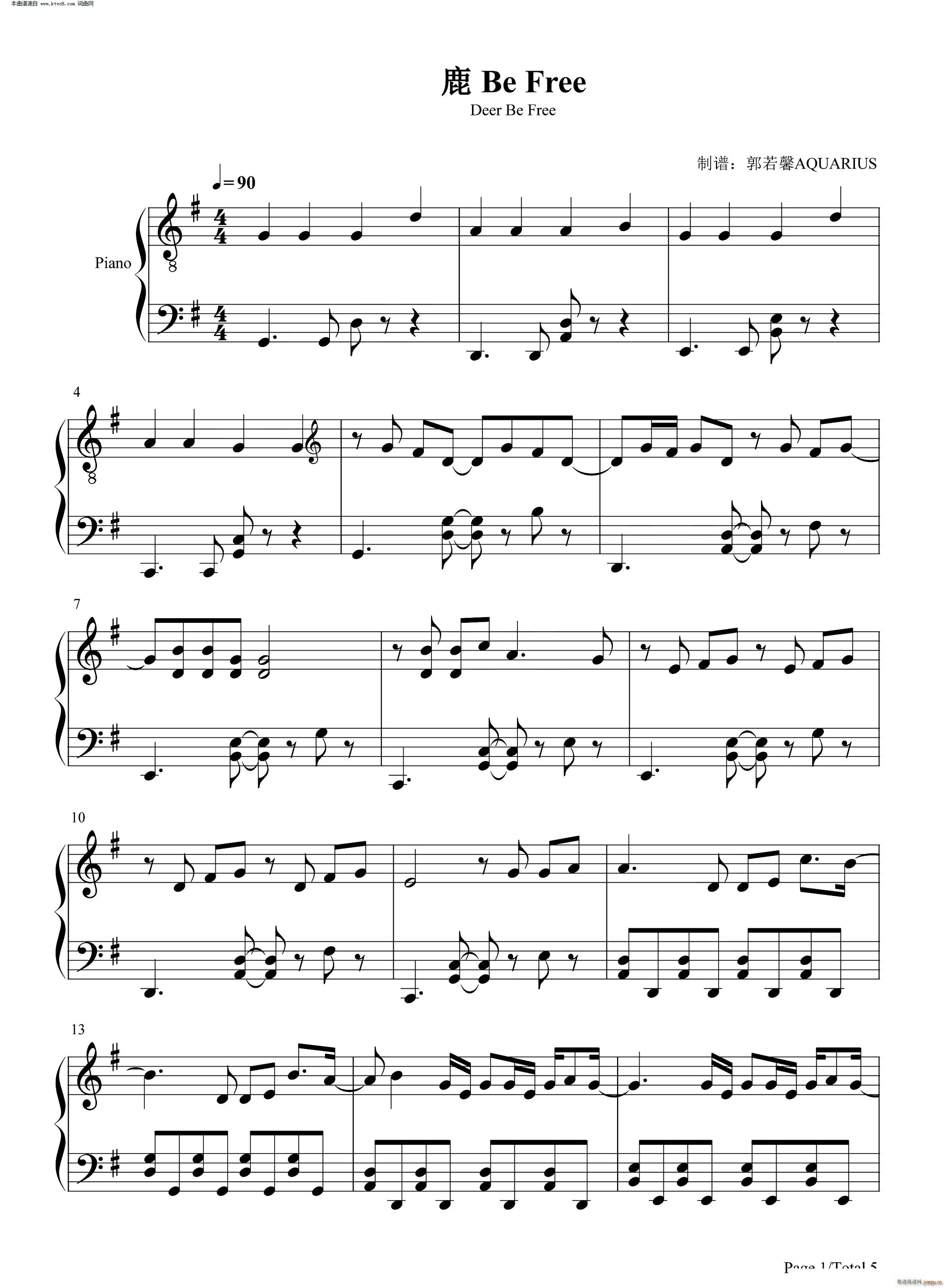 鹿 Be Free 完美版(钢琴谱)1