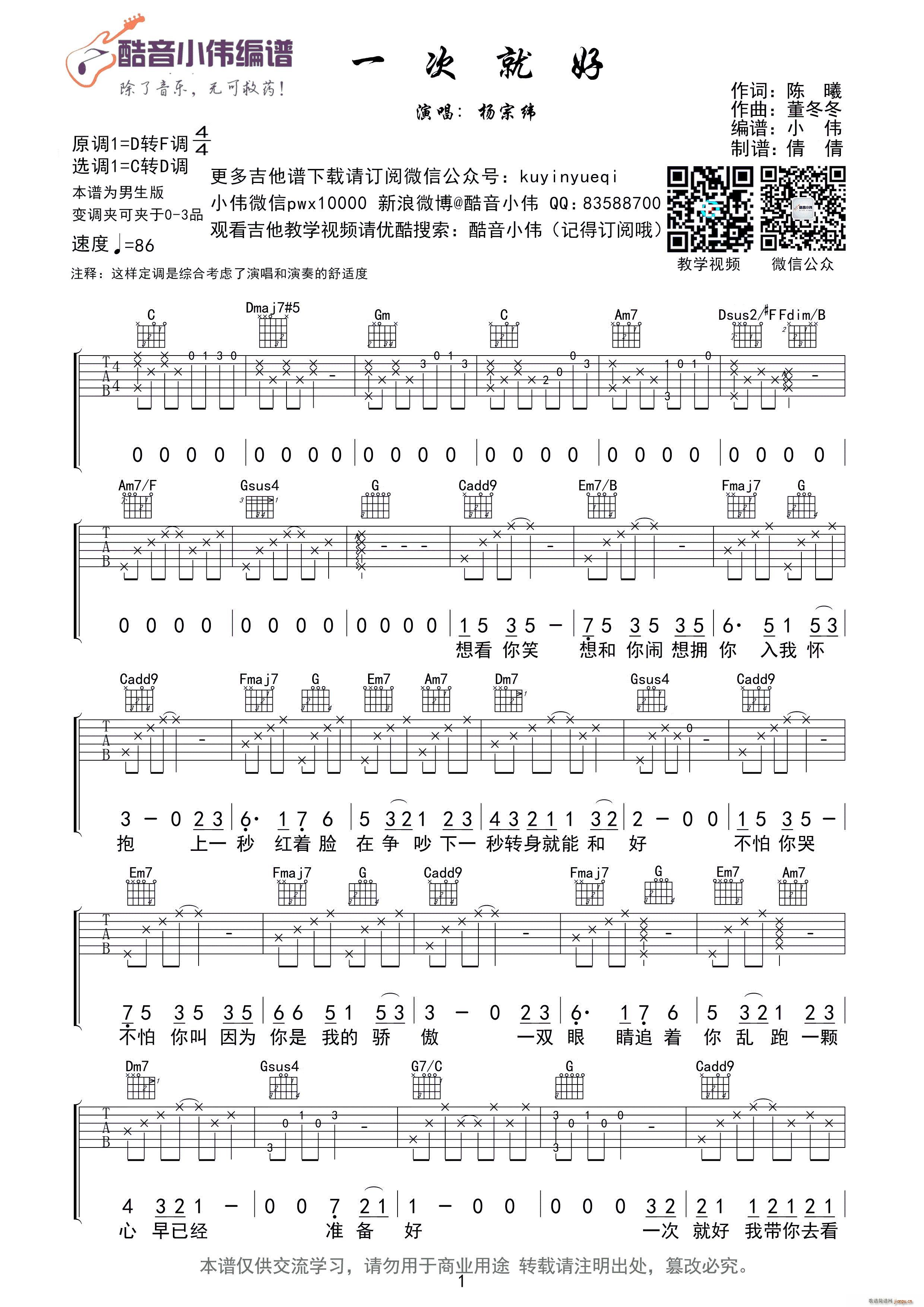 一次就好 杨宗纬C转D调指法 酷音小伟编谱(吉他谱)1