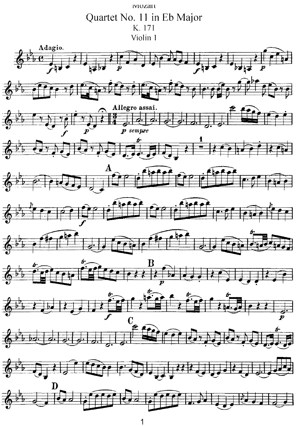 Mozart Quartet No 11 in Eb Major K 171 Violin 1(十字及以上)1