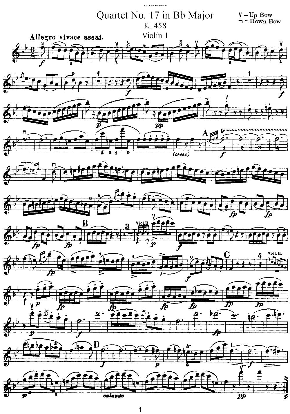 Mozart Quartet No 17 in Bb Major K 458 Violin 1(十字及以上)1