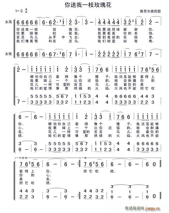 你送我一枝玫瑰花 维吾尔族民歌(十字及以上)1