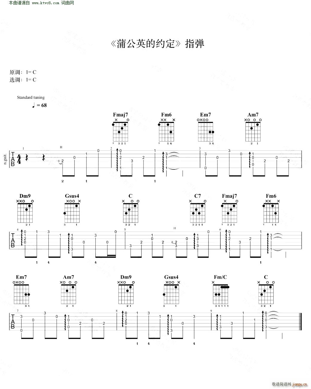 蒲公英的约定 指弹谱 C调指法(吉他谱)1