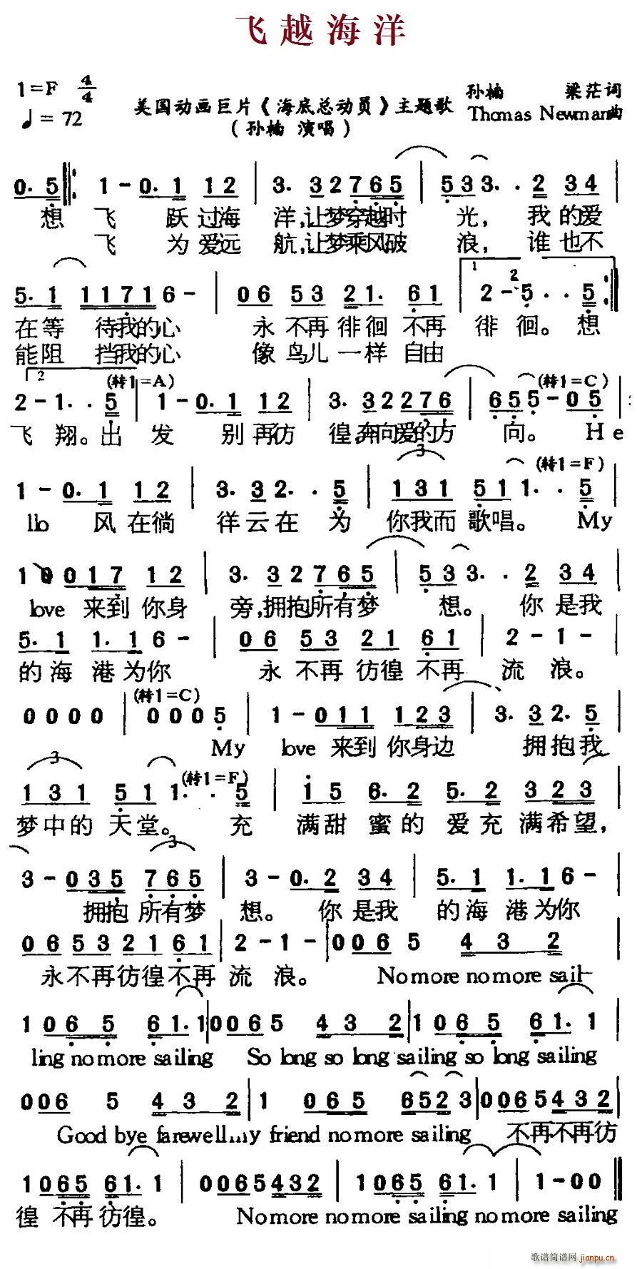 飞越海洋 美国动画片 海底总动员 主题歌(十字及以上)1