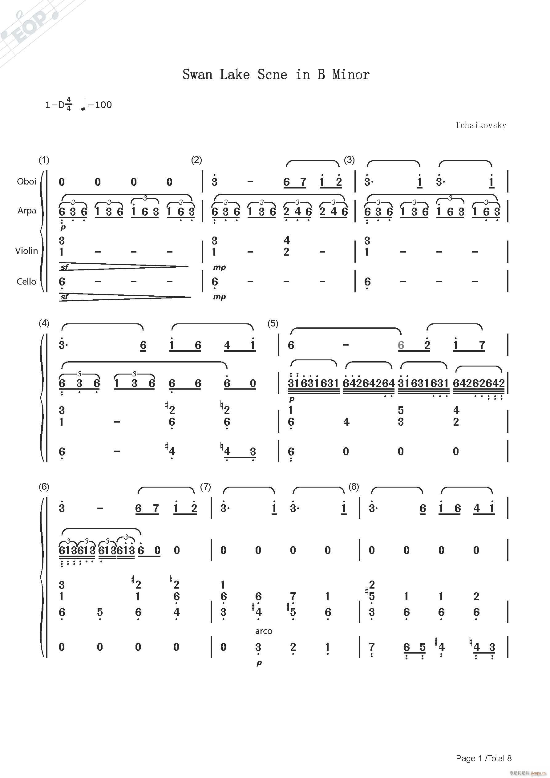 柴可夫斯基 天鹅湖场景 管弦乐四重奏(总谱)1