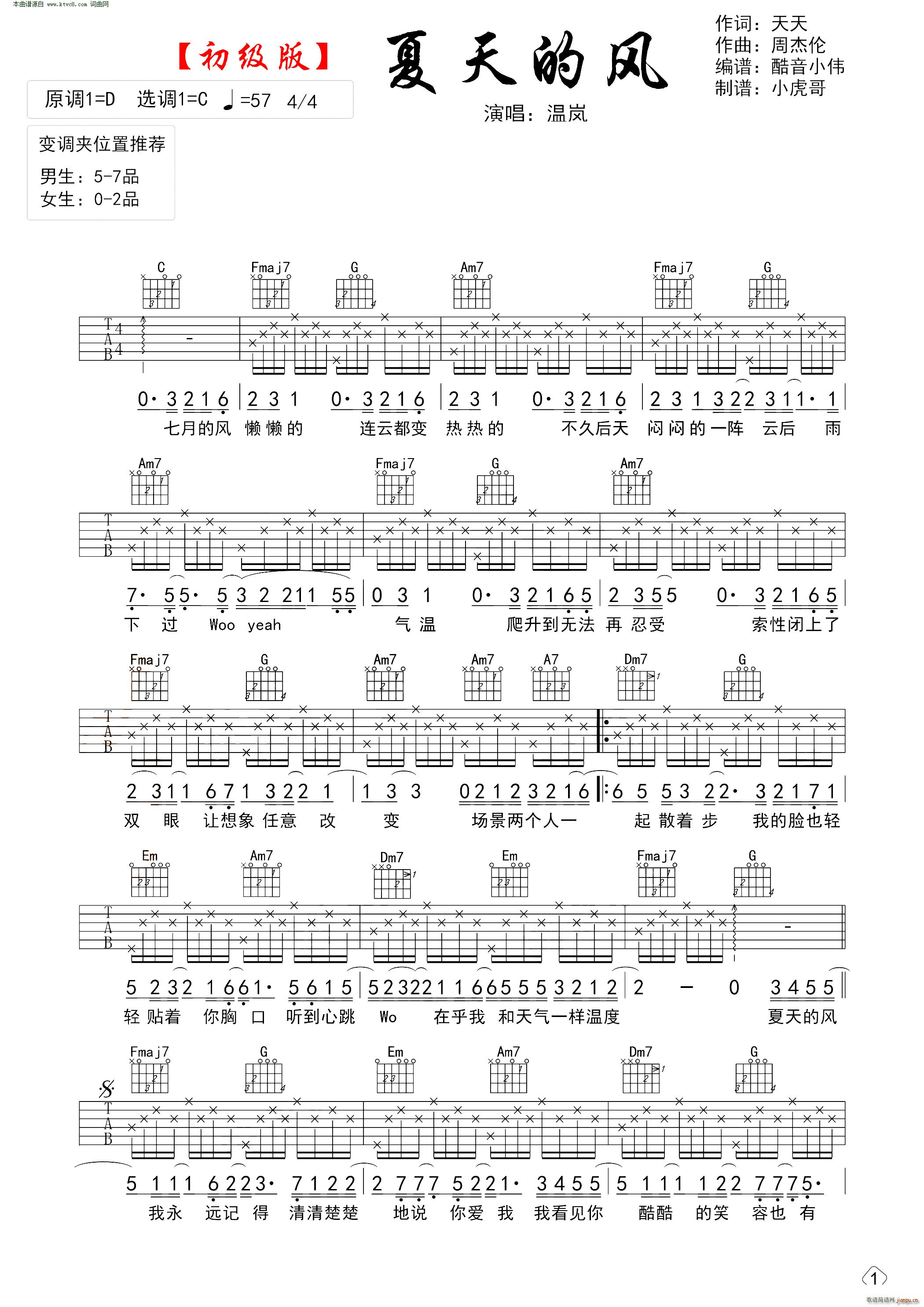 夏天的风 初级简单版(吉他谱)1