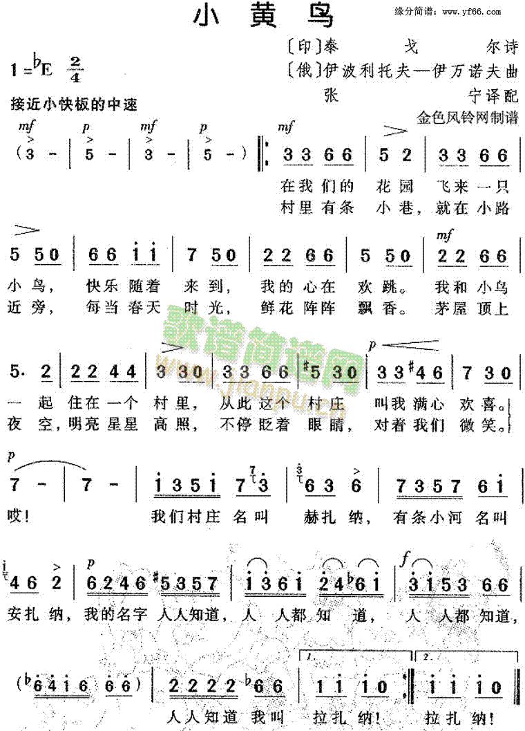 小黄鸟(三字歌谱)1