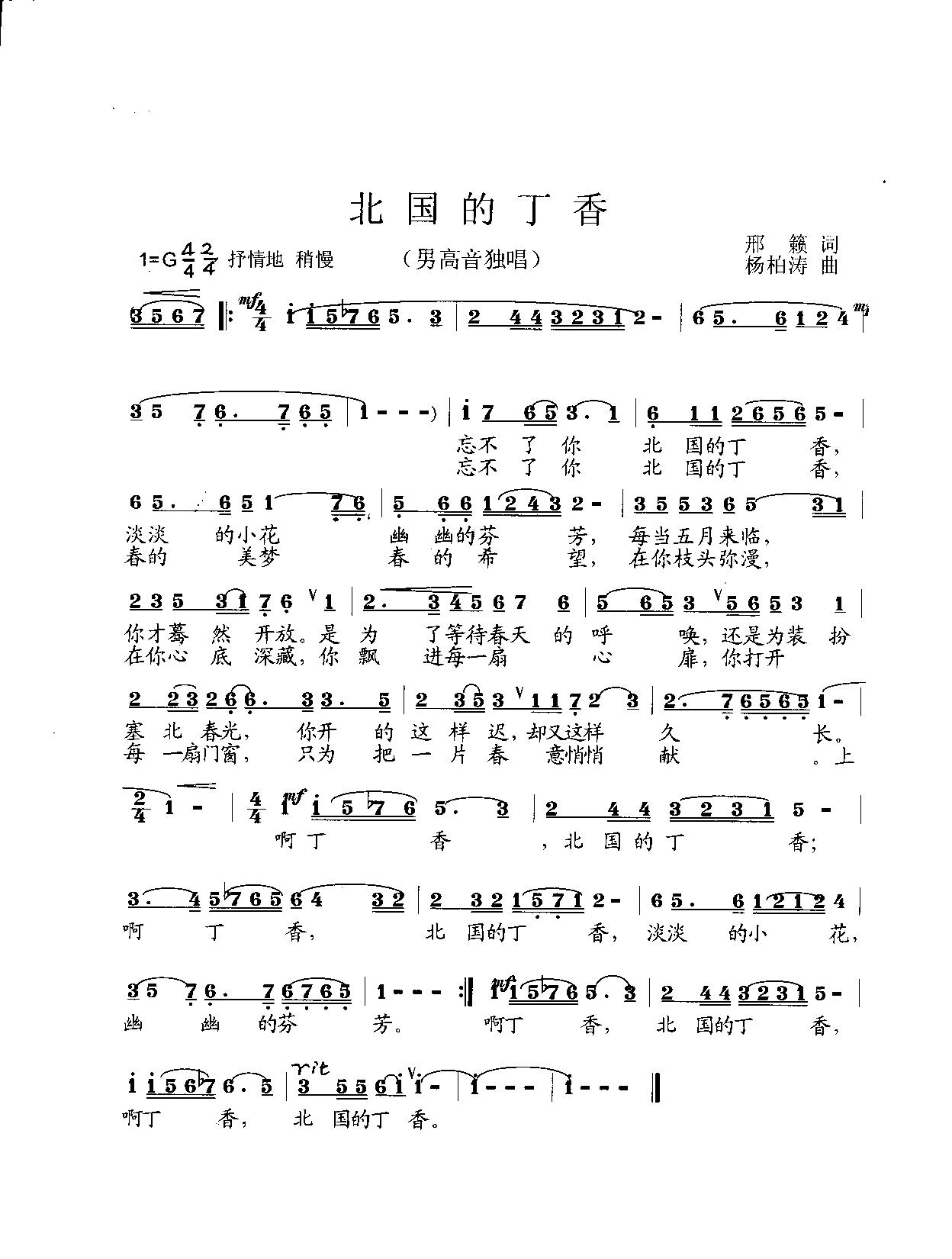 北国的丁香(五字歌谱)1