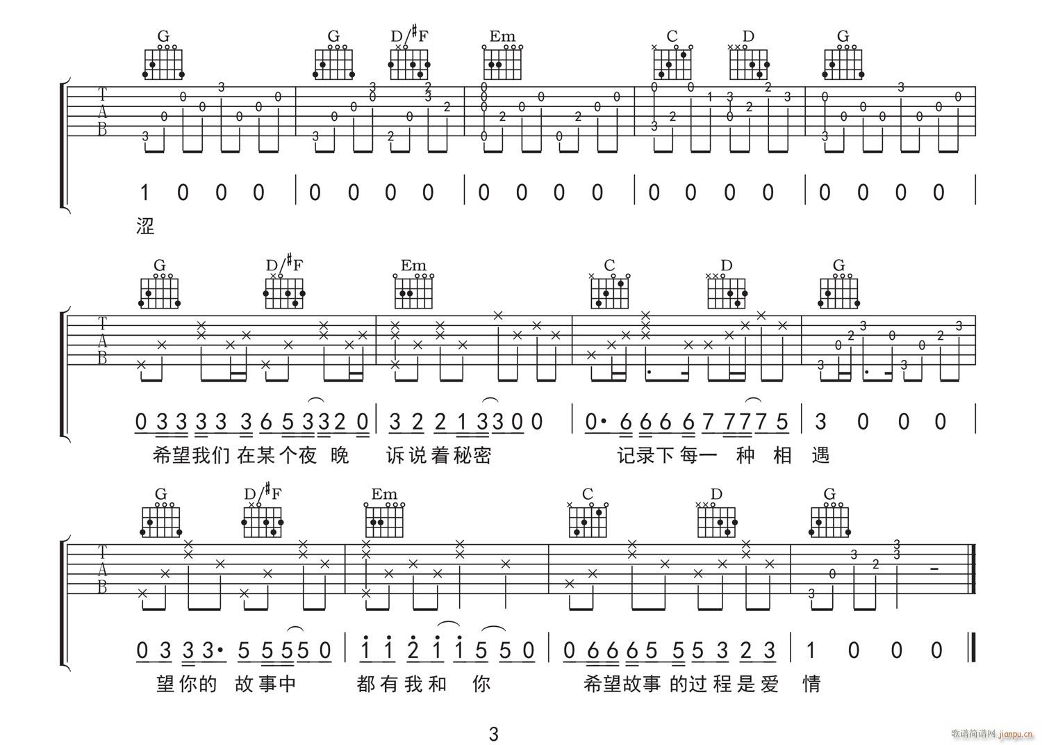 凌晨三点 G调指法原版编配(吉他谱)3