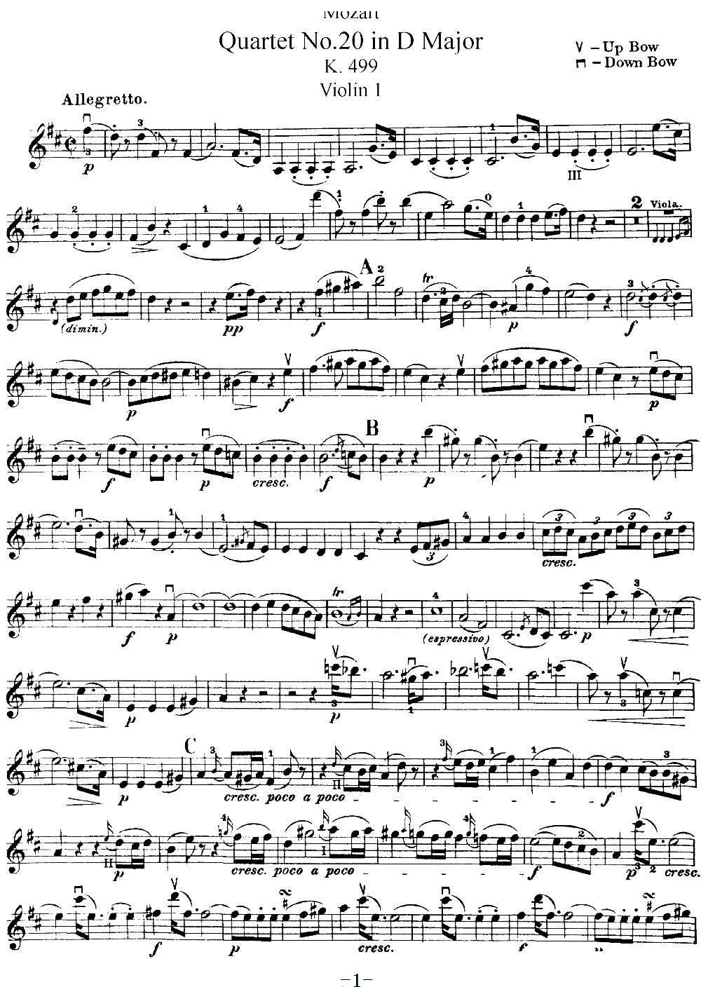 Mozart Quartet No 20 in D Major K 499 Violin 1(十字及以上)1