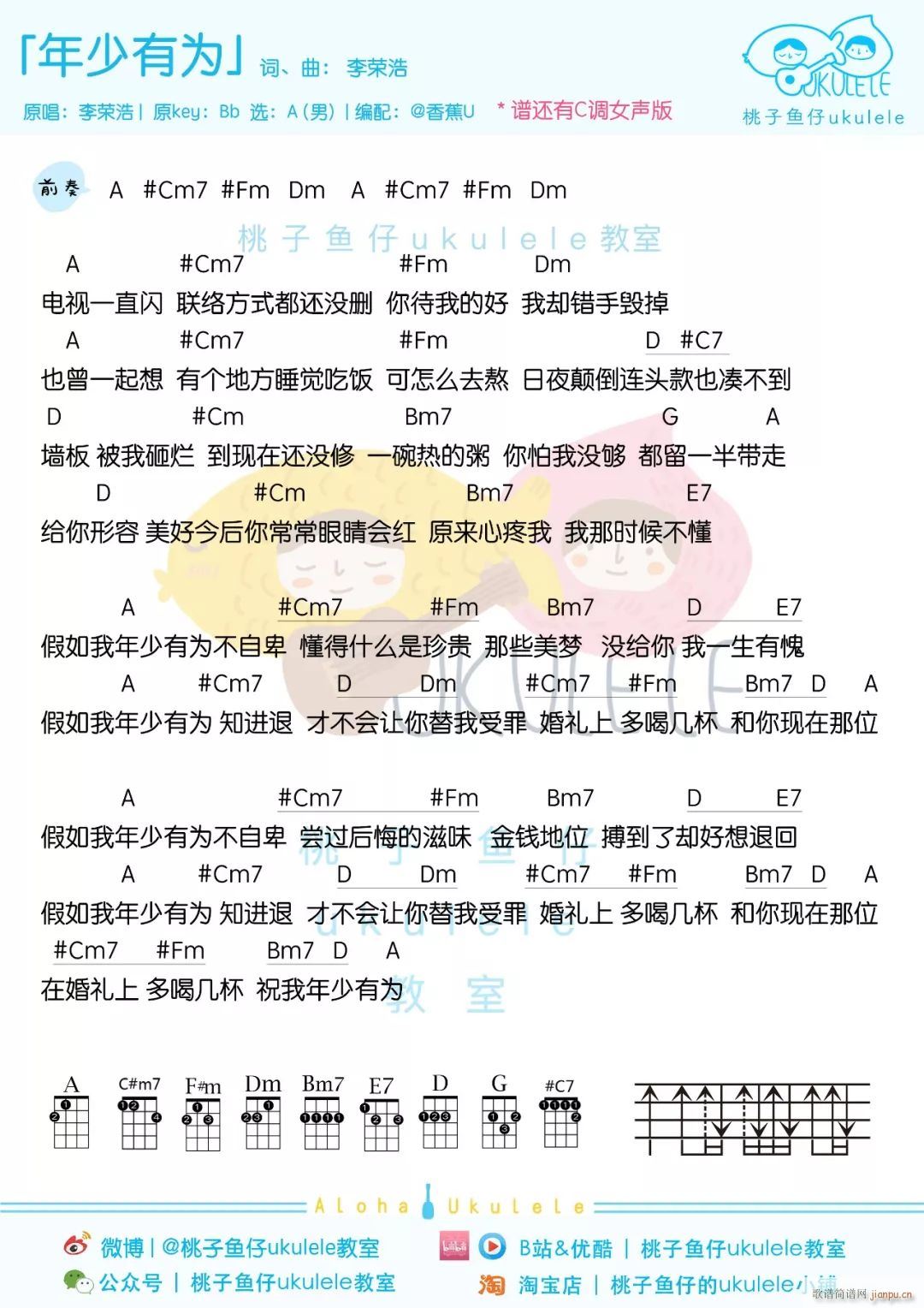 年少有为尤克里里谱 A调尤克里里弹唱谱(十字及以上)1