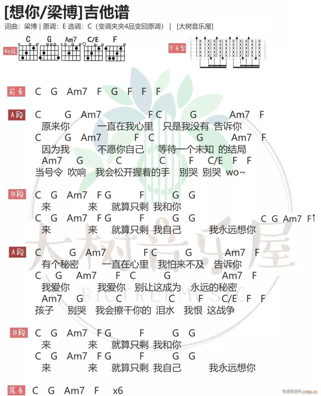 想你 C调指法编配(吉他谱)1