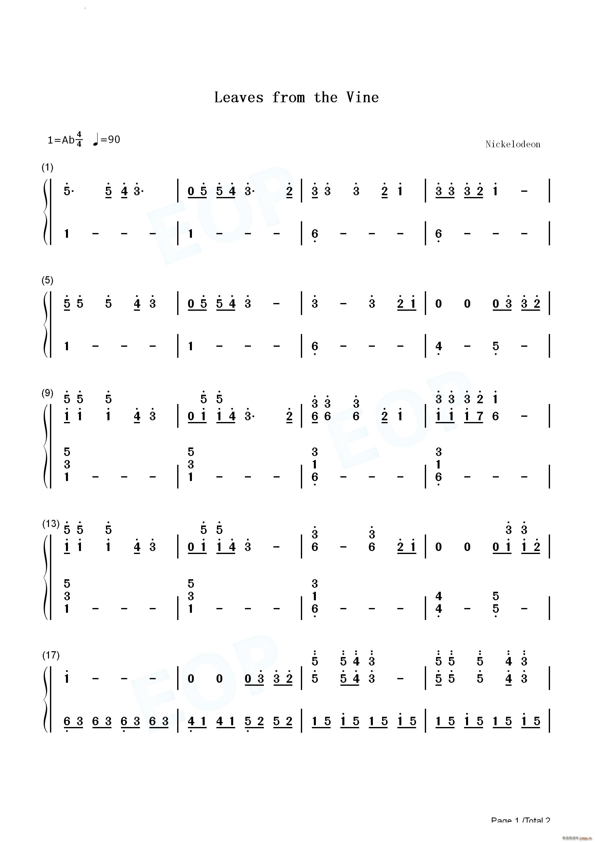 Lea ves From The Vine降世神通最后的气宗OST(钢琴谱)5