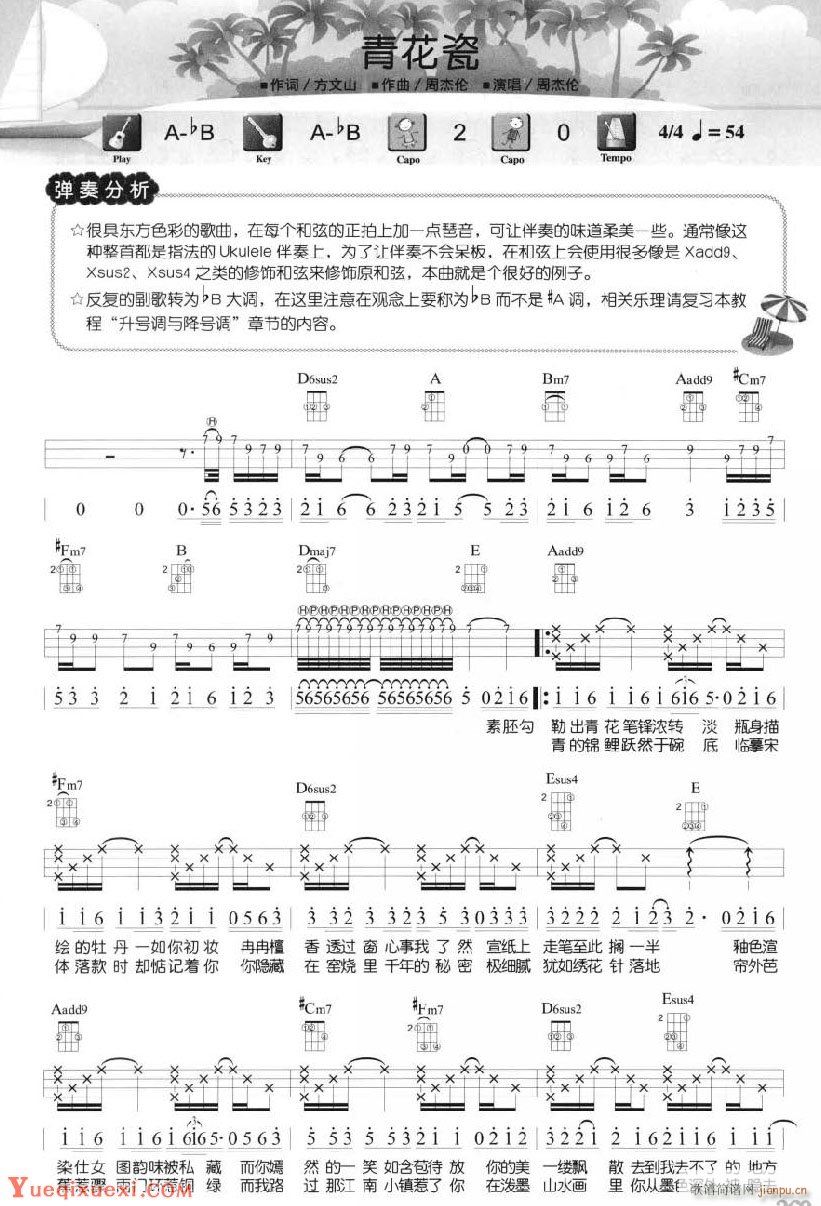 青花瓷尤克里里谱 A调带前奏四(十字及以上)1