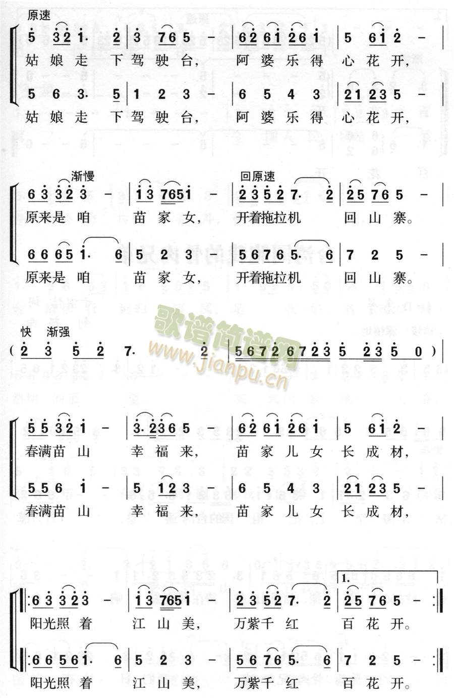 拖拉机开进苗山寨(八字歌谱)3