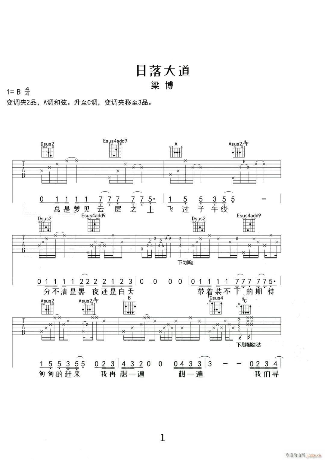 日落大道 A调指法编配(吉他谱)1