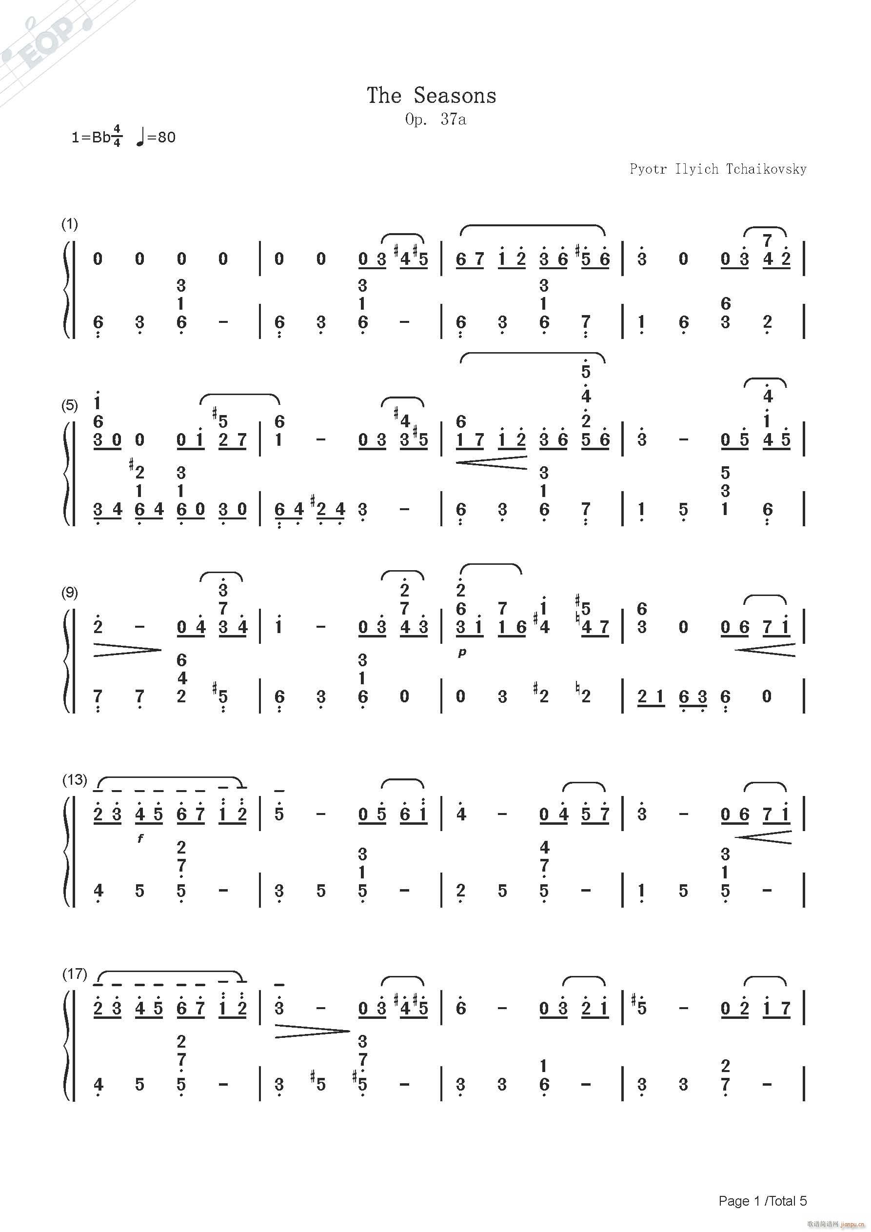 柴可夫斯基 六月船歌 钢琴(钢琴谱)1