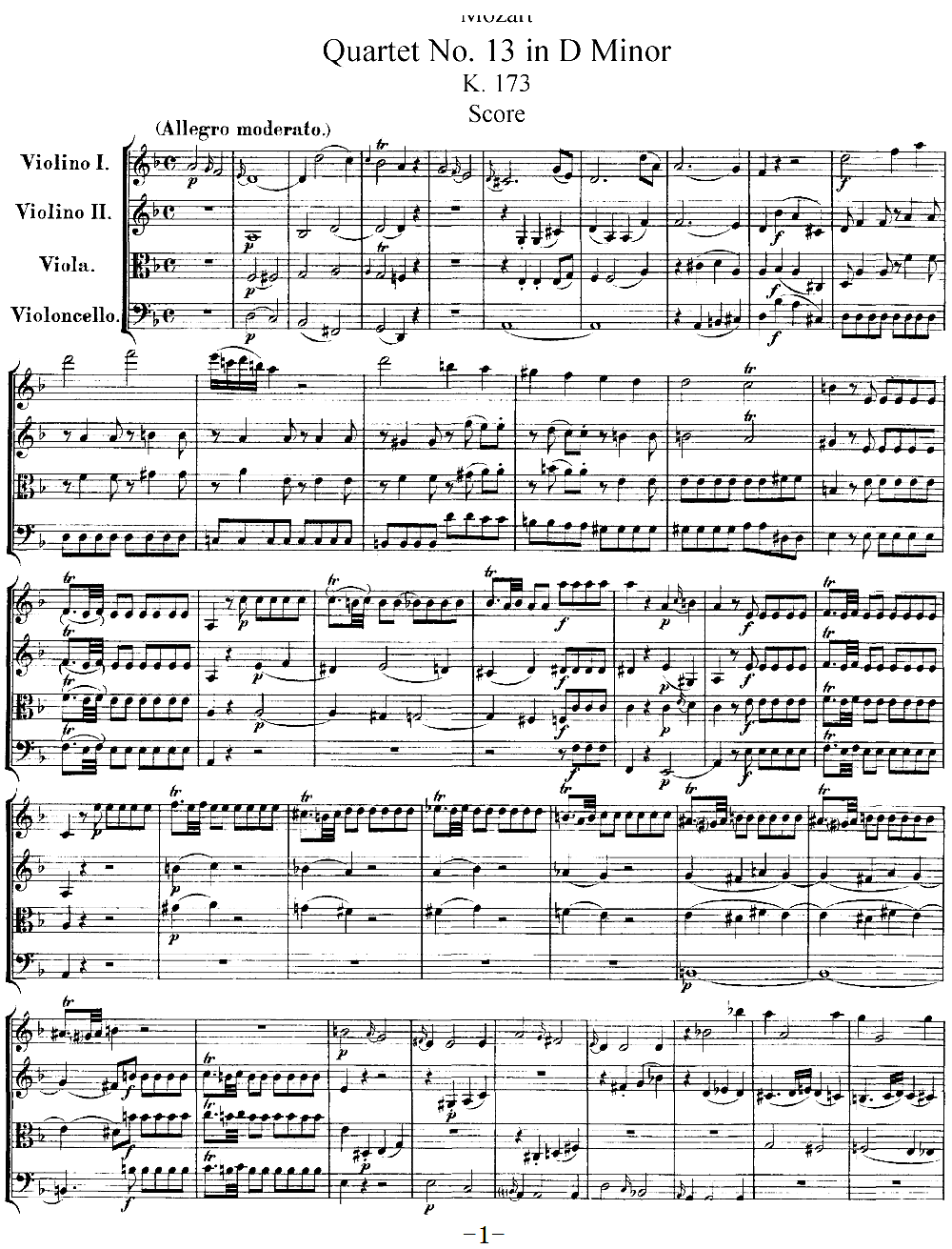 Mozart Quartet No 13 in D Minor K 173(总谱)1