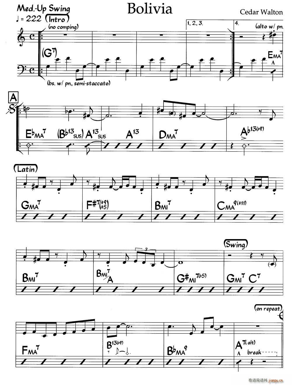 Bolivia 玻利维亚 爵士钢琴曲(钢琴谱)1