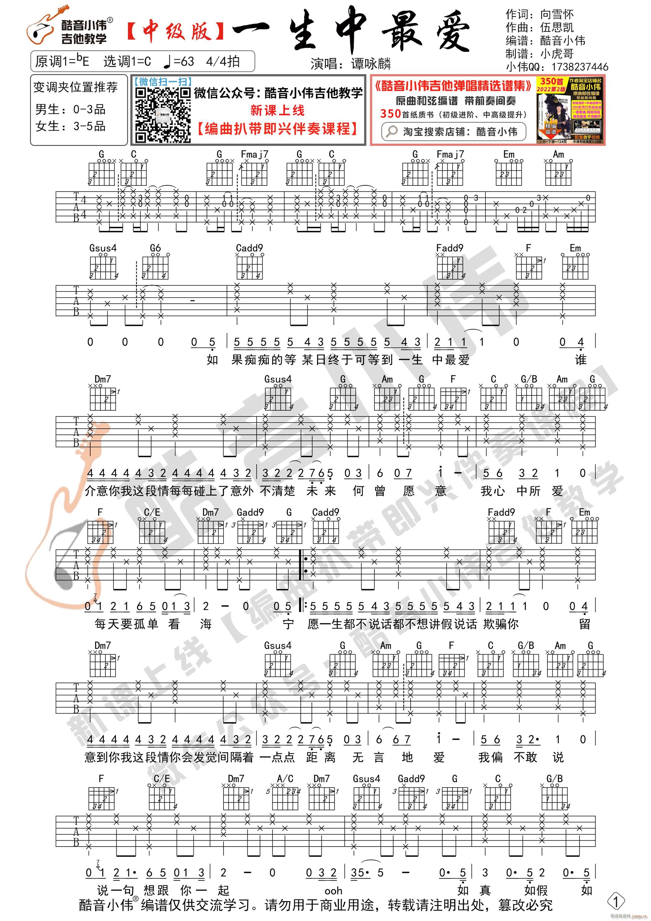 一生中最爱 C调中级版 酷音小伟吉他教学(吉他谱)1