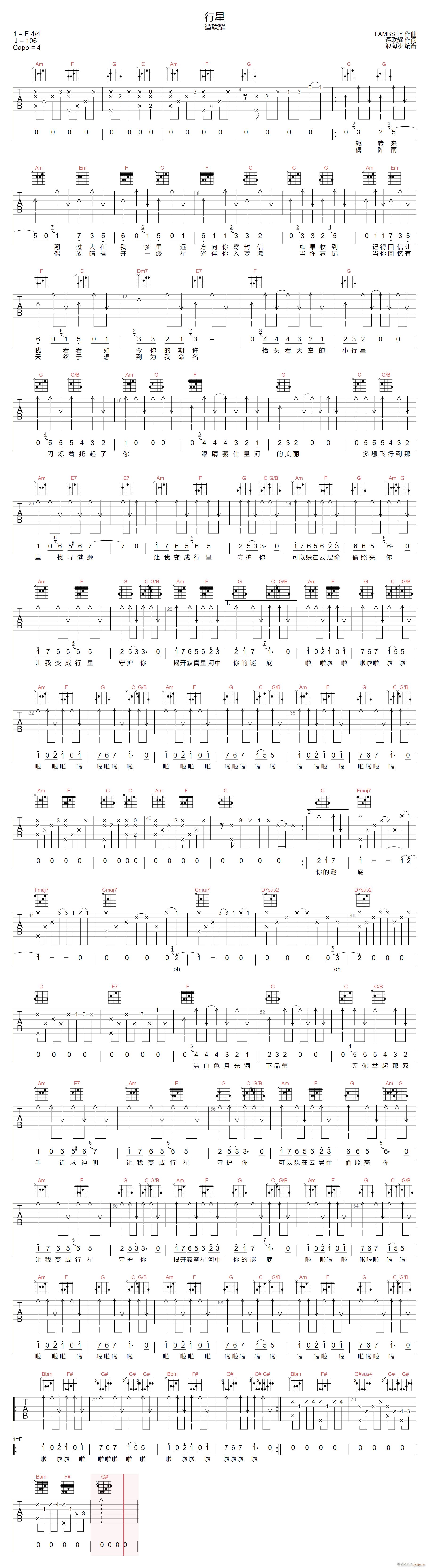 行星 C调指法原版编配(吉他谱)1