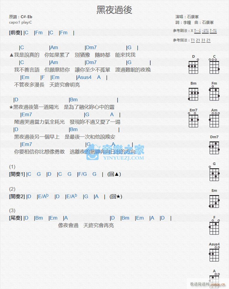 黑夜过后尤克里里谱 C调尤克里里弹唱谱(十字及以上)1
