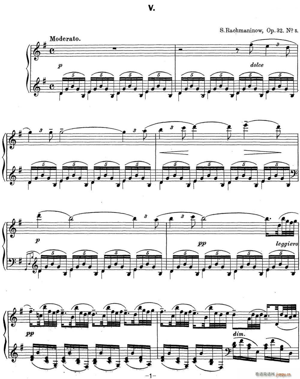 拉赫玛尼诺夫 钢琴前奏曲16 G大调 Op 32 No 5(钢琴谱)1