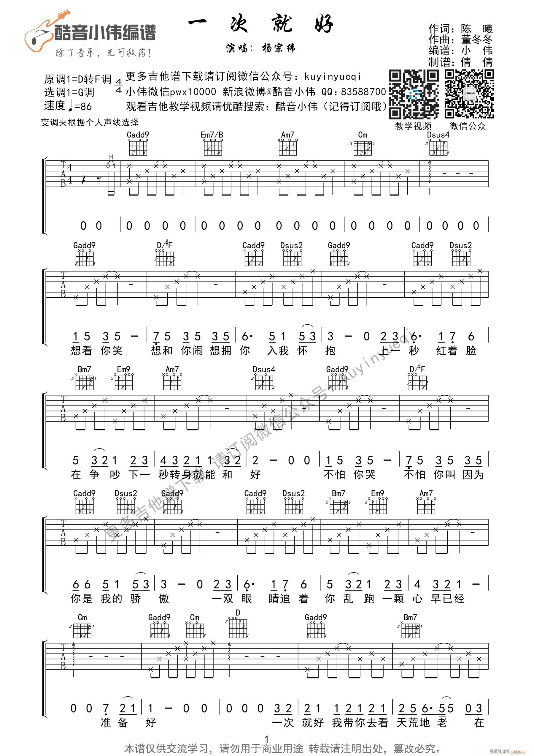 一次就好 G调女生版 简单弹 超好听 酷音小伟编谱(吉他谱)1