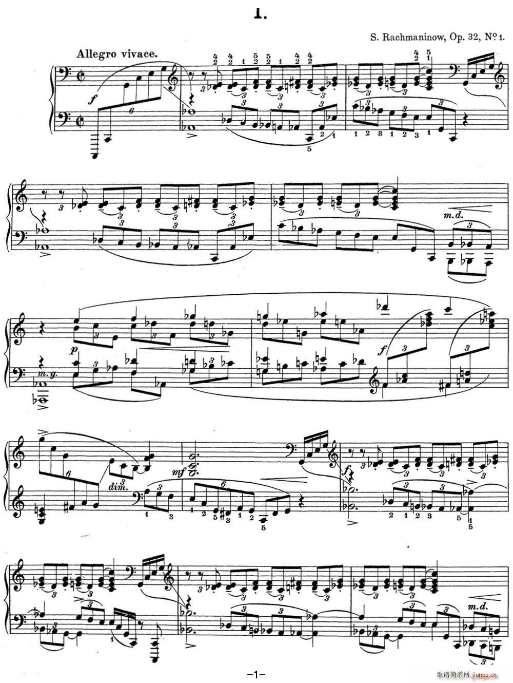 拉赫玛尼诺夫 钢琴前奏曲12 C大调 Op 32 No 1(钢琴谱)1