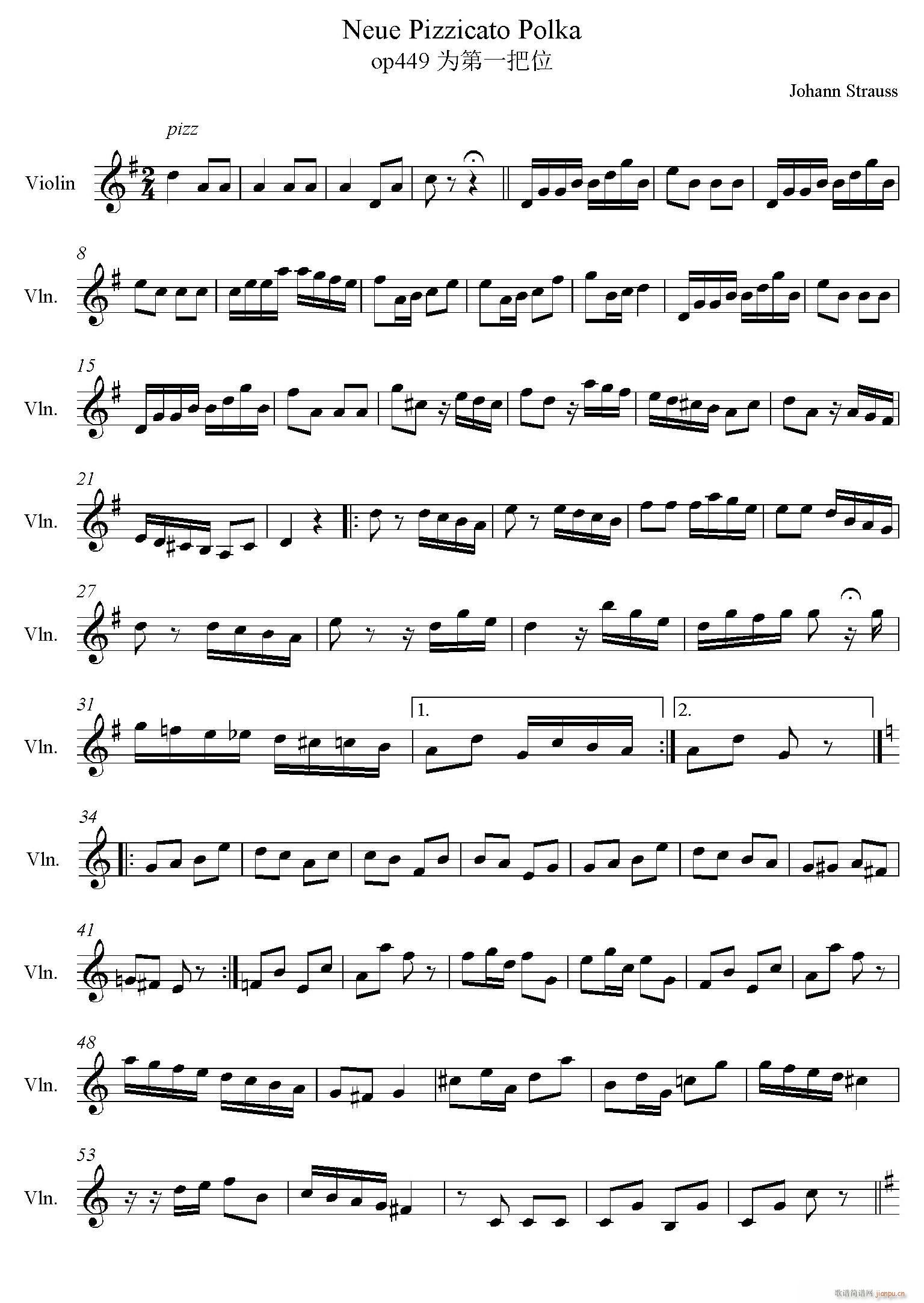 Neue Pizzicato Polka Op 449 新拨弦波尔卡 第一把位(小提琴谱)1