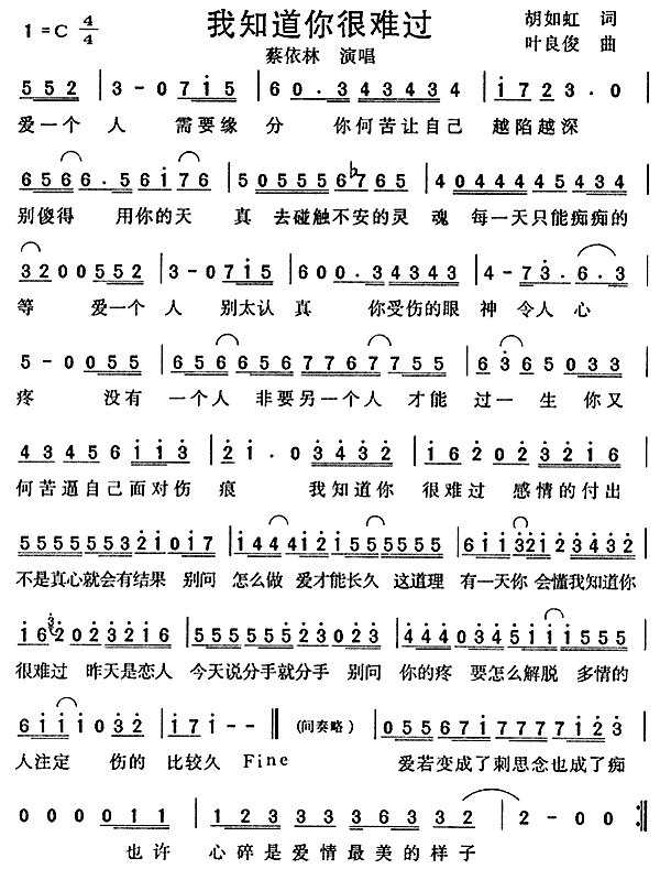 我知道你很难过(七字歌谱)1